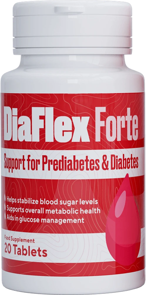 DiaFlex Forte, flacon alb cu etichetă roșie și 20 de comprimate cu extracte de plante